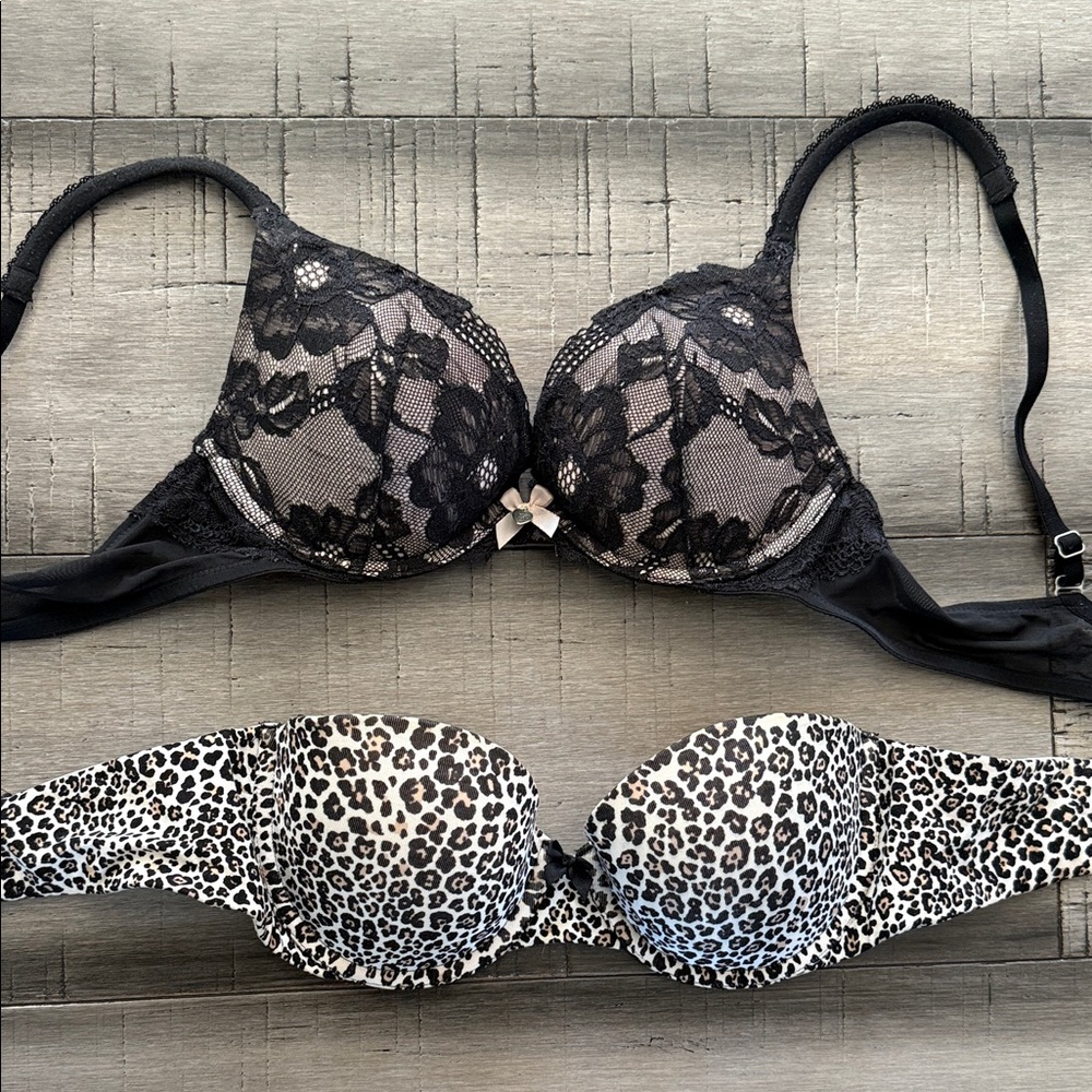 34B Victoria's Secret Black Lace and Leopard Print Bra Set